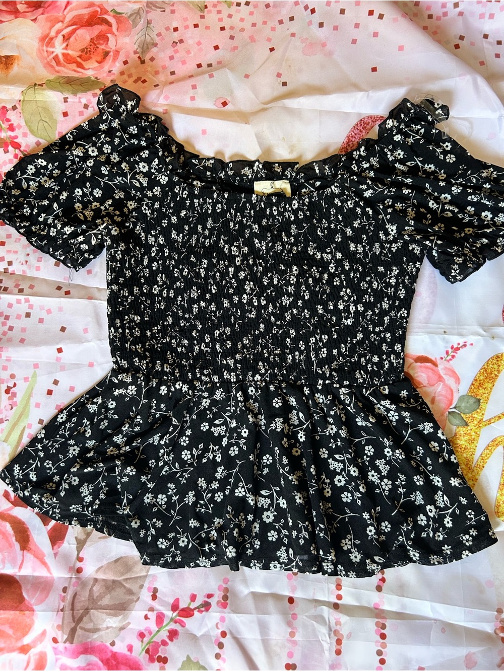 Black Floral Smocked Peplum Women's Top